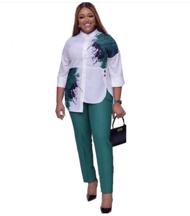 New African Women Fashion Suits Print Shirt and Pants Set Green - Shop at LoveMi