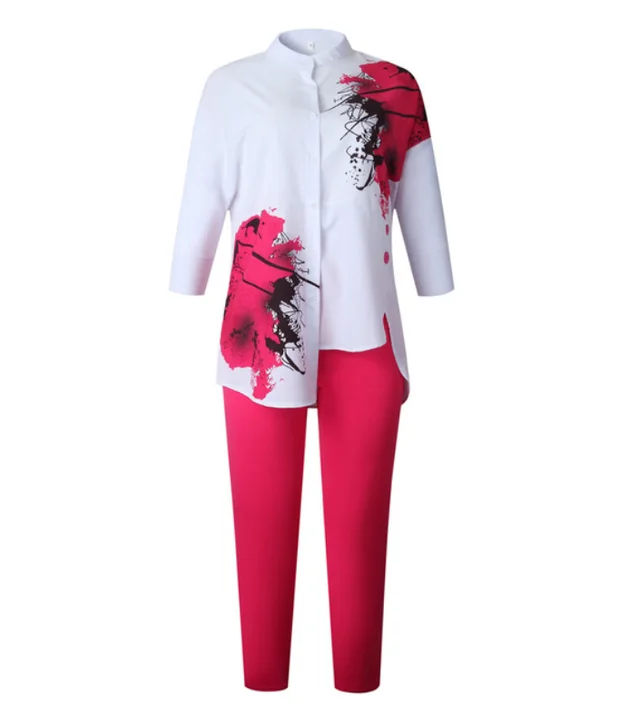 New African Women Fashion Suits Print Shirt and Pants Set Rose Red - Shop at LoveMi