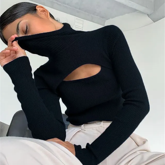 Pullover Long sleeved Solid Color Hollow Knit Top Black - Shop at LoveMi