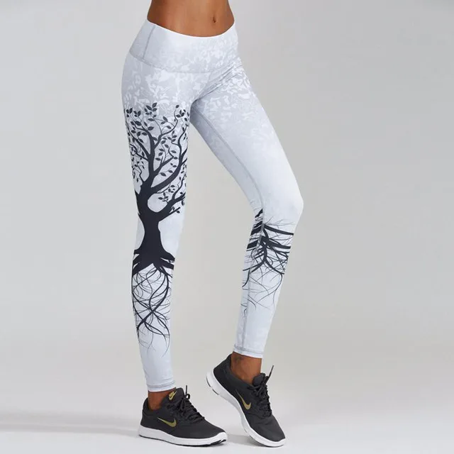 Printed Black Big Tree Buttocks High Waist Sports Fitness Yoga Wear Leggings White - Shop at LoveMi