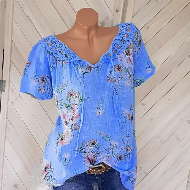 Lace V Neck Print Short Sleeves Dark Blue - Shop at LoveMi