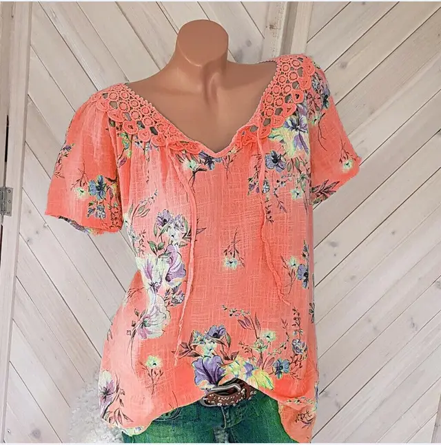 Lace V Neck Print Short Sleeves Orange - Shop at LoveMi