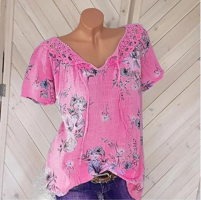 Lace V Neck Print Short Sleeves Pink - Shop at LoveMi