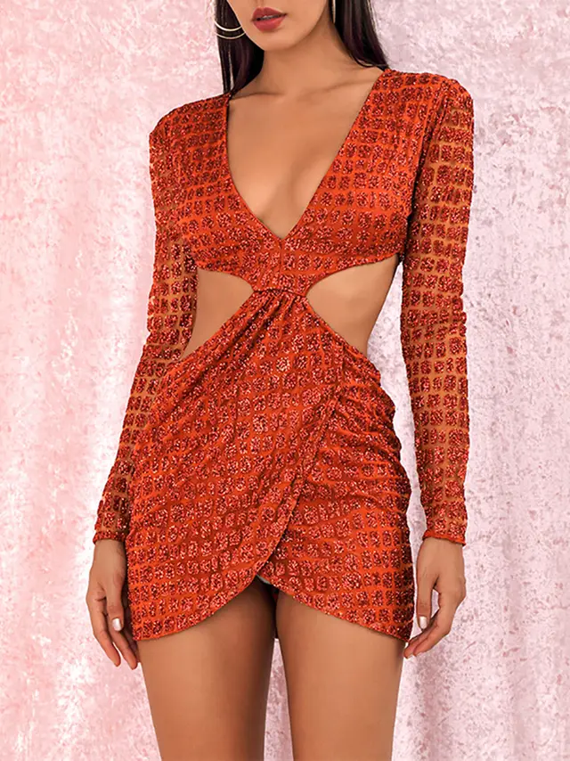Long Sleeve Mini Skirt Orange Deep V neck Hot Piece Party Dress Orange - Shop at LoveMi