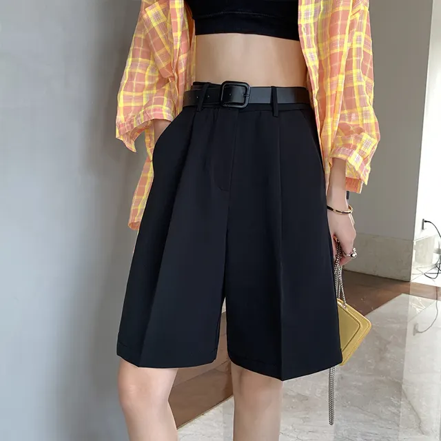 Women's Suit Shorts Casual Pants High Waist Loose Five point Wide leg Pants Black - Shop at LoveMi