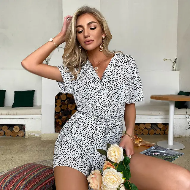 Ladies Short Sleeved Lace Up Polka Dot Jumpsuit Slim Fit Wide Leg Shorts Black - Shop at LoveMi