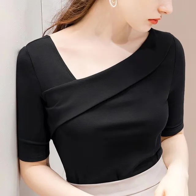 Pure Cotton Sleeve T shirt Women Spring And Summer New Style Compassionate Small Shirt Five Point Sleeve Exposed Clavicle Diagonal Shoulder Top B... Black - Shop at LoveMi
