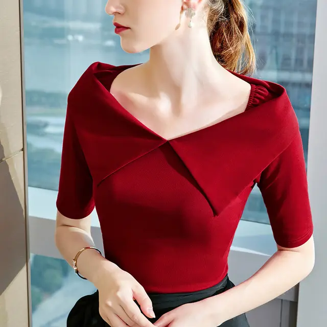 Pure Cotton Sleeve T shirt Women Spring And Summer New Style Compassionate Small Shirt Five Point Sleeve Exposed Clavicle Diagonal Shoulder Top Red - Shop at LoveMi