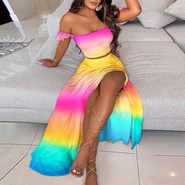Summer Slim French Bohemian Print Mid Length Retro Tube Top Suit Dress Women Gradient Rainbow Color - Shop at LoveMi