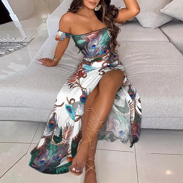 Summer Slim French Bohemian Print Mid Length Retro Tube Top Suit Dress Women Peacock Feather - Shop at LoveMi
