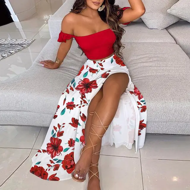 Summer Slim French Bohemian Print Mid Length Retro Tube Top Suit Dress Women Red Flowers - Shop at LoveMi