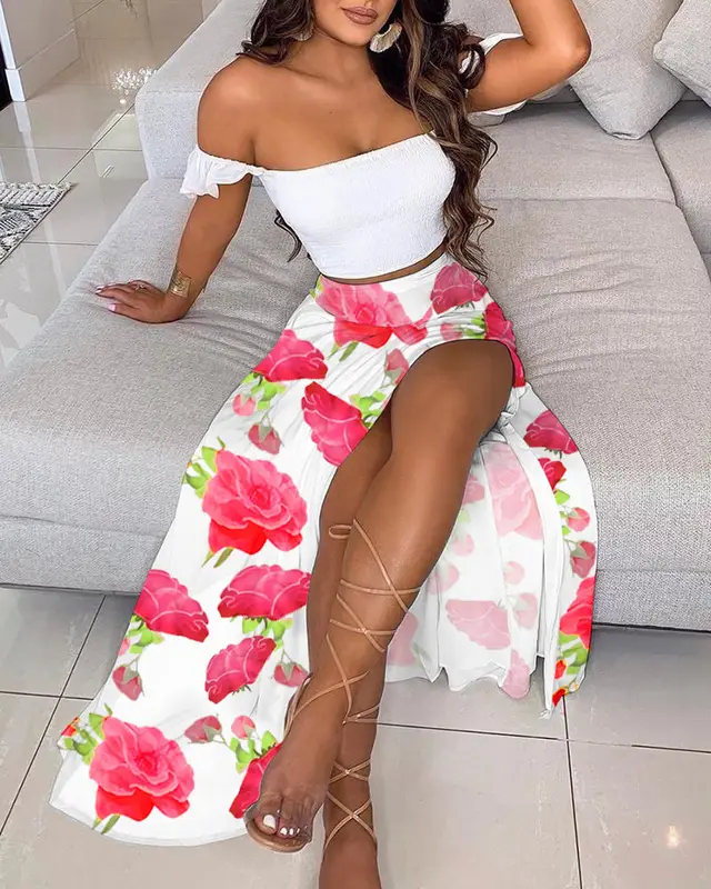 Summer Slim French Bohemian Print Mid Length Retro Tube Top Suit Dress Women White Flowers - Shop at LoveMi