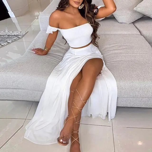 Summer Slim French Bohemian Print Mid Length Retro Tube Top Suit Dress Women White - Shop at LoveMi