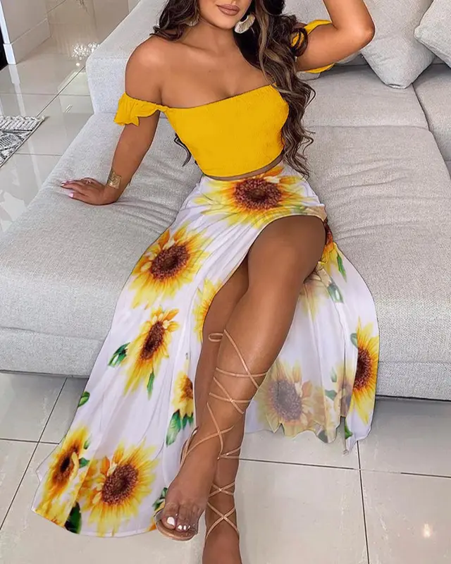 Summer Slim French Bohemian Print Mid Length Retro Tube Top Suit Dress Women Yellow Sunflowers - Shop at LoveMi