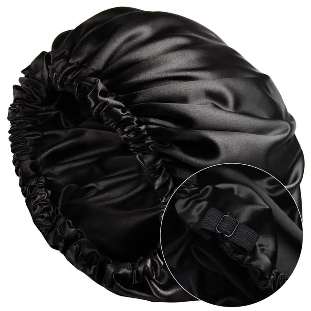 Cross Border Source Of Double Layer Satin Night Women's Long Hair Confinement Hair Care Chemotherapy Hat Wide Brim Elastic Adjustment Buckle Hat ... Black - Shop at LoveMi