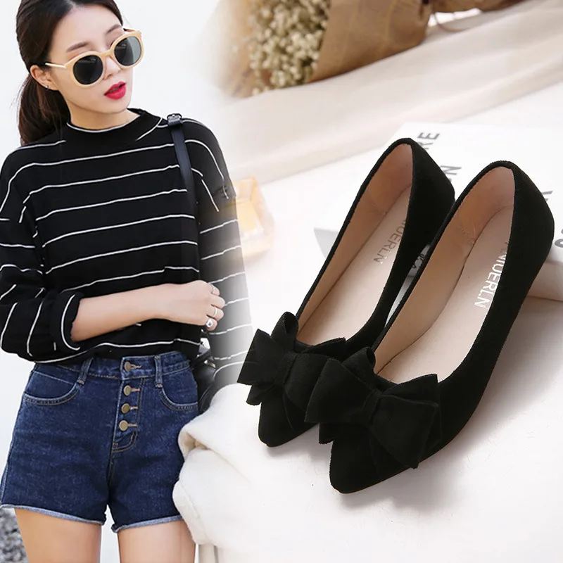 Spring Women's Shoes With Pointed Toe Flat Heel Flat Bow Black - Shop at LoveMi