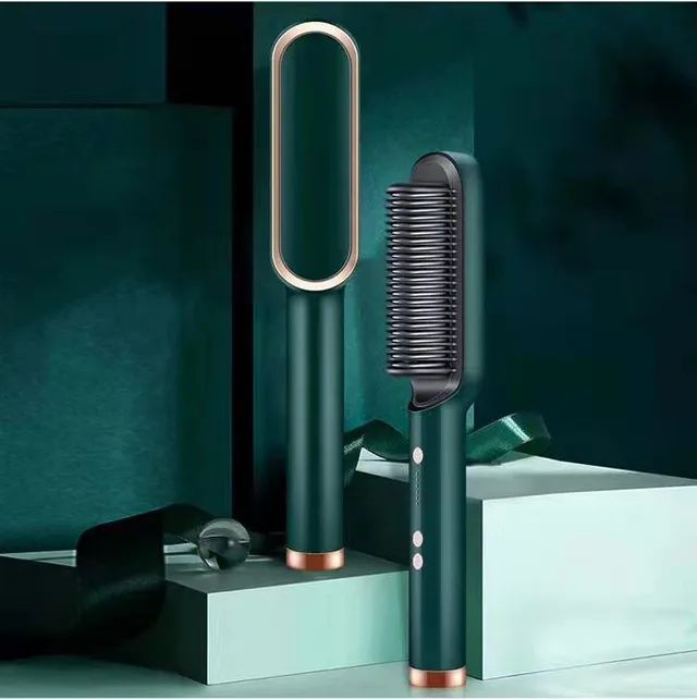 New 2 In 1 Hair Straightener Hot Comb Negative Ion Curling Tong Dual purpose Electric Hair Brush Green - Shop at LoveMi