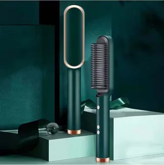 New 2 In 1 Hair Straightener Hot Comb Negative Ion Curling Tong Dual-purpose Electric Hair Brush - Green
