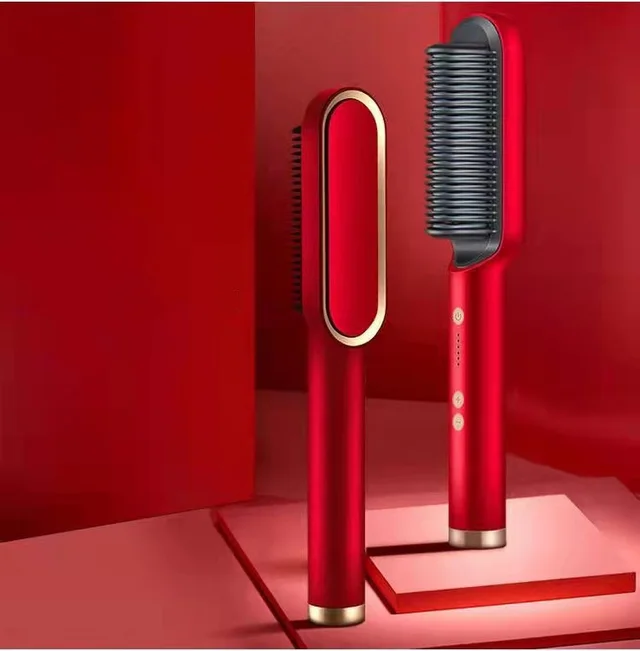 New 2 In 1 Hair Straightener Hot Comb Negative Ion Curling Tong Dual purpose Electric Hair Brush Red - Shop at LoveMi