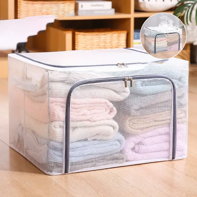 Nylon Mesh Storage Box Steel Frame Breathable Clothes Folding Storage Box Large Quilt Moving Storage Box Waterproof Gray Zipper Waterproof - Shop at LoveMi