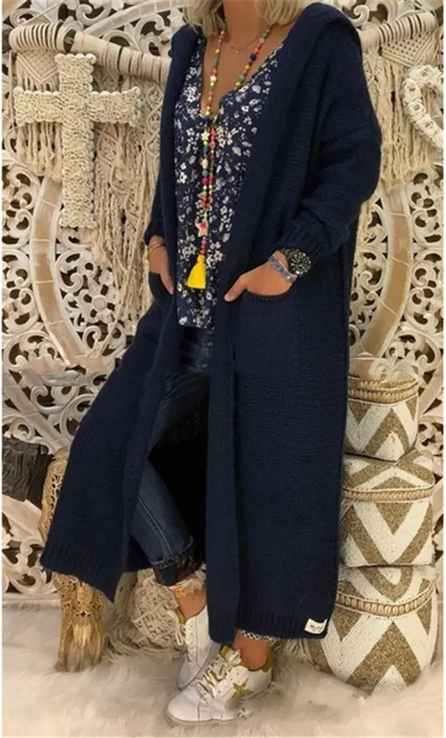 Women's Autumn And Winter New Loose Long Pocket Hooded Knitted Cardigan Black - Shop at LoveMi