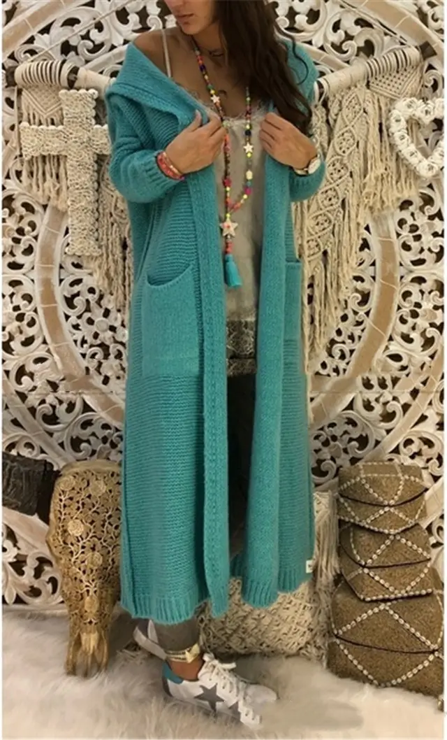 Women's Autumn And Winter New Loose Long Pocket Hooded Knitted Cardigan Green - Shop at LoveMi