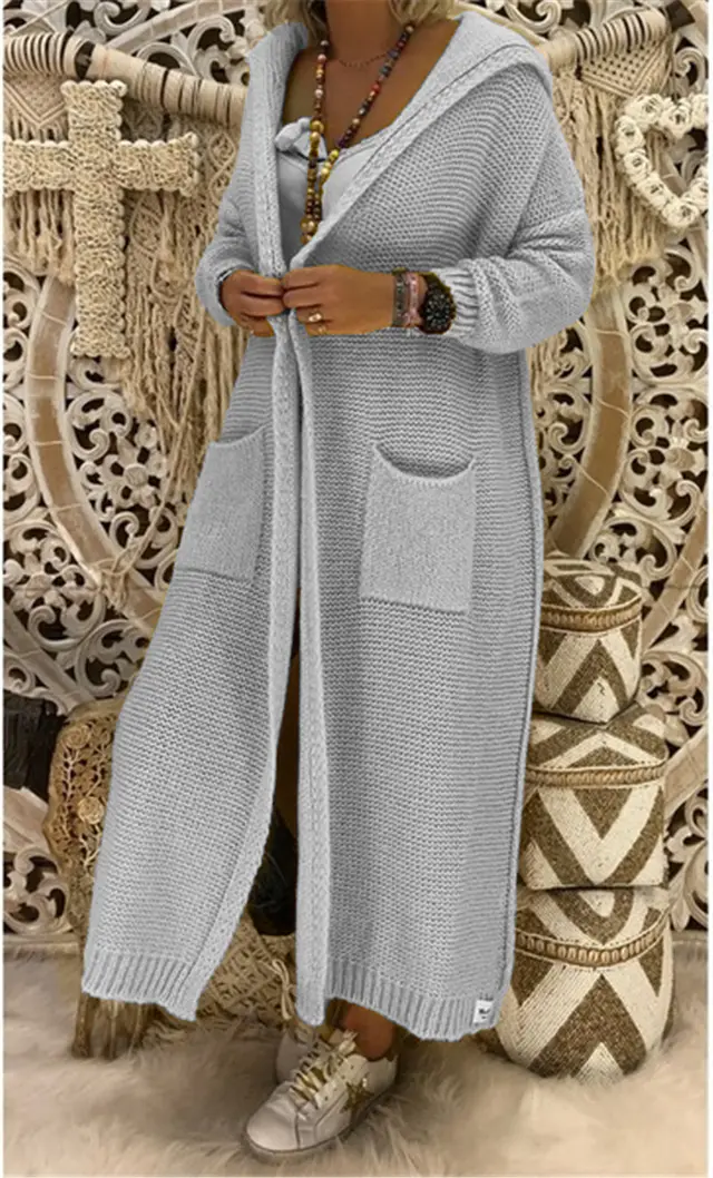 Women's Autumn And Winter New Loose Long Pocket Hooded Knitted Cardigan Grey - Shop at LoveMi
