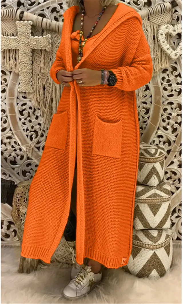 Women's Autumn And Winter New Loose Long Pocket Hooded Knitted Cardigan Orange - Shop at LoveMi