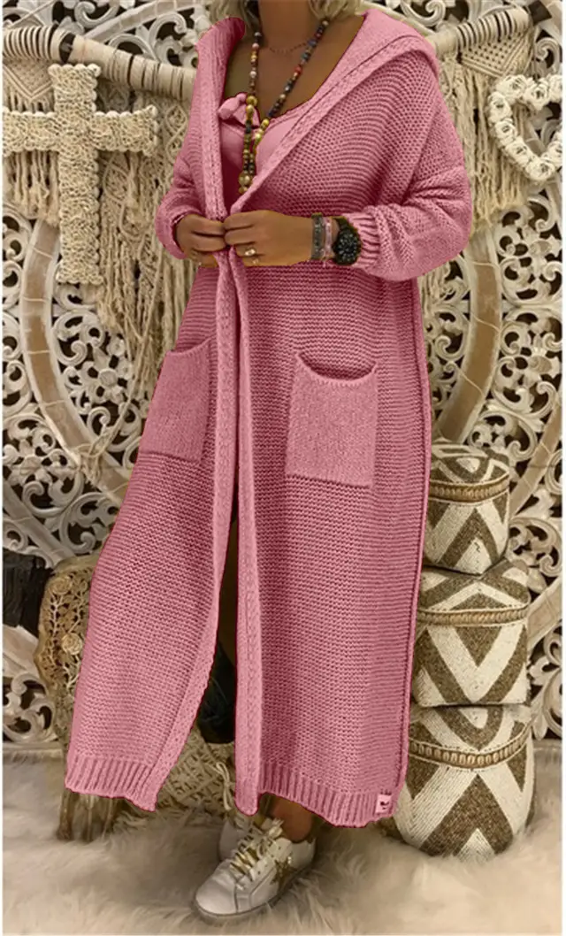 Women's Autumn And Winter New Loose Long Pocket Hooded Knitted Cardigan Pink - Shop at LoveMi