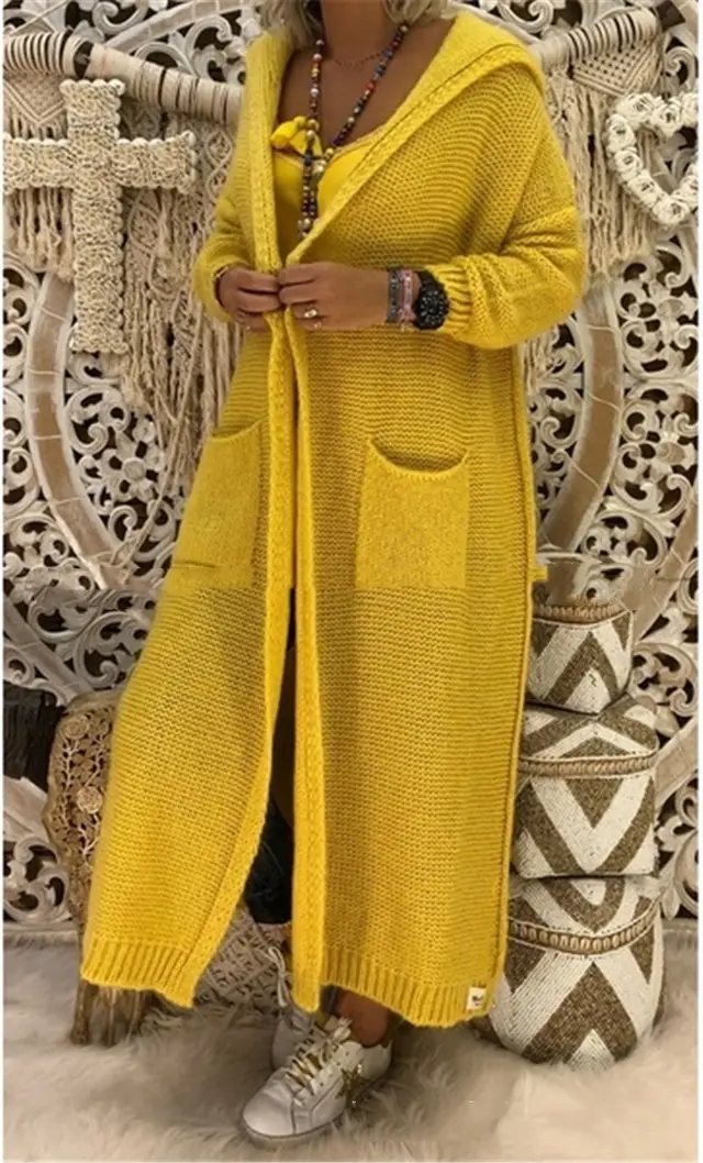Women's Autumn And Winter New Loose Long Pocket Hooded Knitted Cardigan Yellow - Shop at LoveMi
