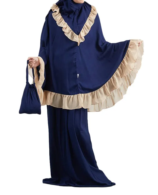 Muslim Kids Ramadan Girls Long Sleeve Dress Hijab Abaya Robe Arab Dubai Children Kaftan Headscarf Islamic Kids Robe Jilbab Navy Blue - Shop at LoveMi