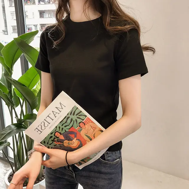 Letter Embroidery Slim Fashion Bottoming Women's Short Sleeve Black - Shop at LoveMi