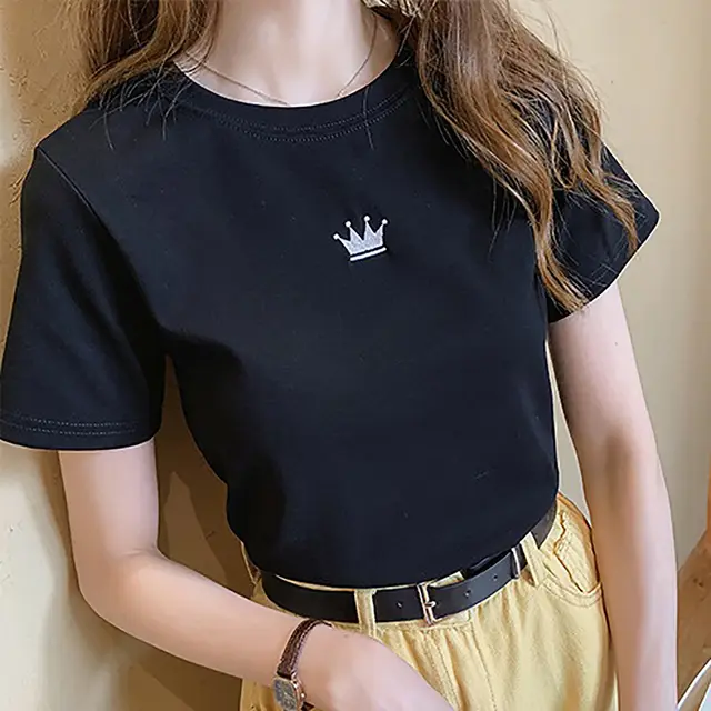 Letter Embroidery Slim Fashion Bottoming Women's Short Sleeve Crown Black - Shop at LoveMi