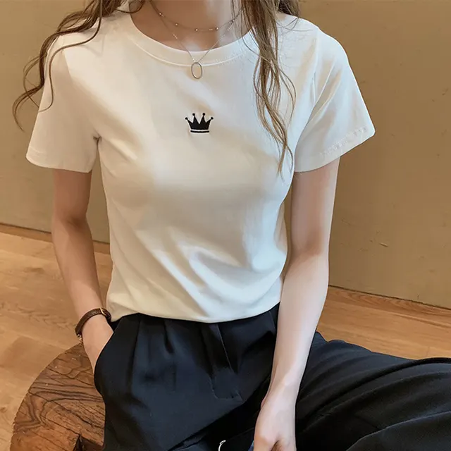Letter Embroidery Slim Fashion Bottoming Women's Short Sleeve Crown White - Shop at LoveMi