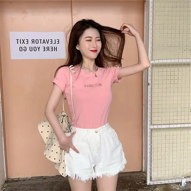 Letter Embroidery Slim Fashion Bottoming Women's Short Sleeve Letters Pink - Shop at LoveMi
