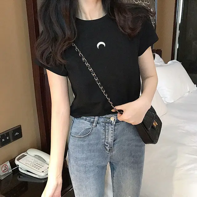 Letter Embroidery Slim Fashion Bottoming Women's Short Sleeve Moon Black - Shop at LoveMi