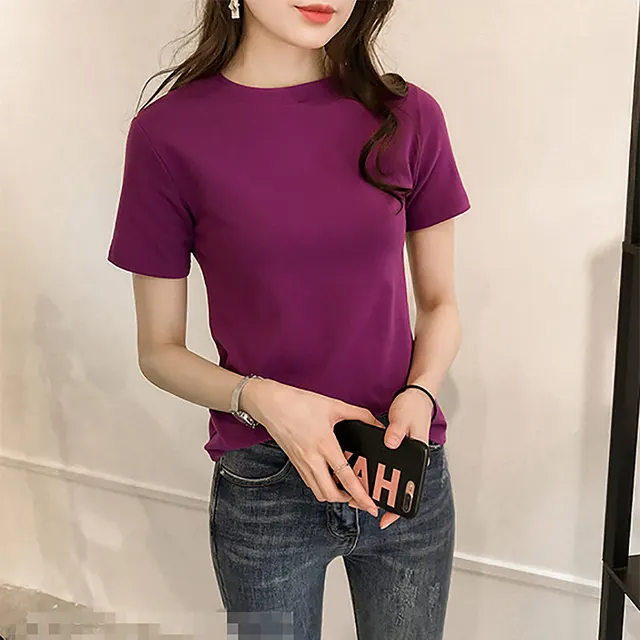 Letter Embroidery Slim Fashion Bottoming Women's Short Sleeve Purple - Shop at LoveMi