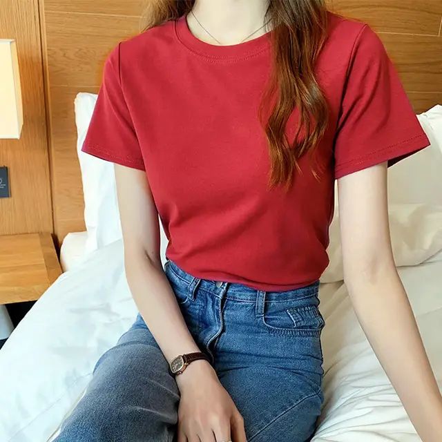 Letter Embroidery Slim Fashion Bottoming Women's Short Sleeve Red - Shop at LoveMi