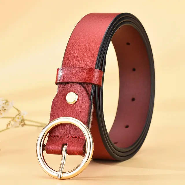 Leather Belt Smooth Lacquered Round Buckle Red - Shop at LoveMi