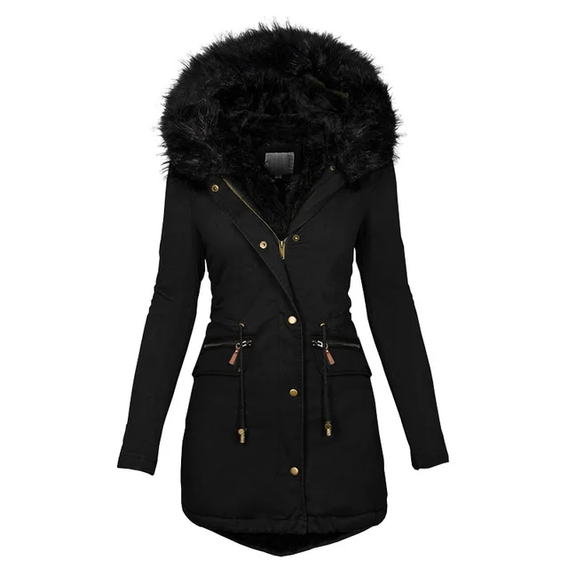 Women's Plush Hooded Parkas Winter Warm Thick Zip up Jackets Casual Mid length Solid Buckle Pockets Coat Outerwear Clothing Black - Shop at LoveMi