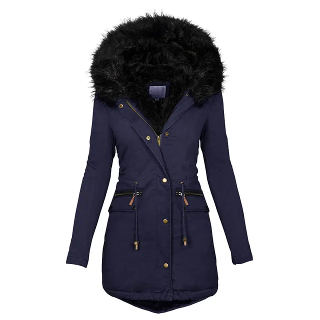 Women's Plush Hooded Parkas Winter Warm Thick Zip up Jackets Casual Mid length Solid Buckle Pockets Coat Outerwear Clothing Blue - Shop at LoveMi