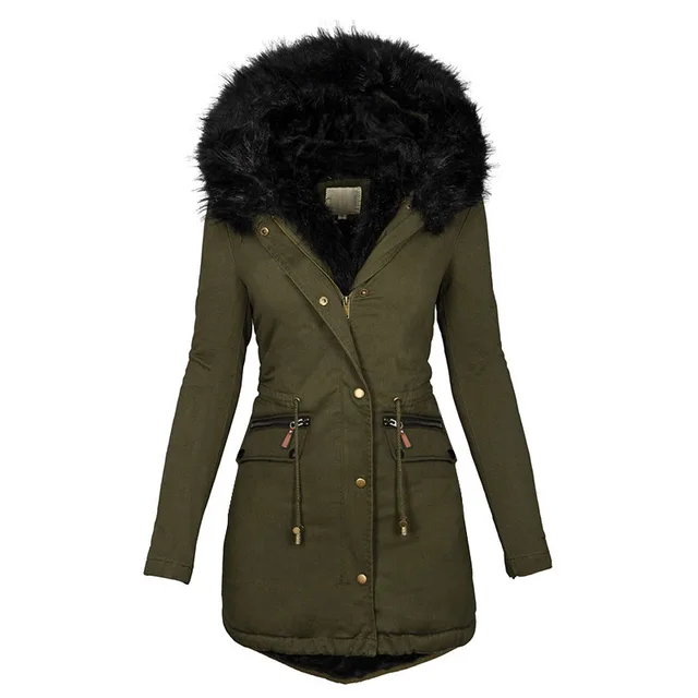 Women's Plush Hooded Parkas Winter Warm Thick Zip up Jackets Casual Mid length Solid Buckle Pockets Coat Outerwear Clothing Green - Shop at LoveMi
