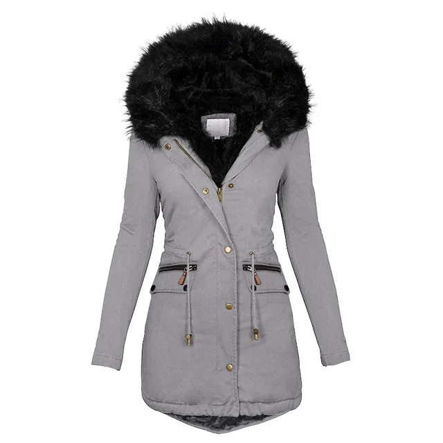 Women's Plush Hooded Parkas Winter Warm Thick Zip up Jackets Casual Mid length Solid Buckle Pockets Coat Outerwear Clothing Grey - Shop at LoveMi