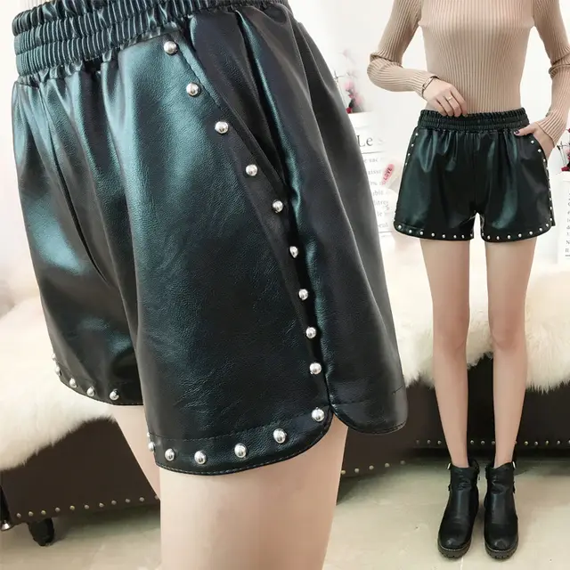 Leather Shorts Women New Fashion Loose Korean Version Of The High Waist A Line All Match Slimming Autumn Leather Pants Women's Winter Wear Black - Shop at LoveMi