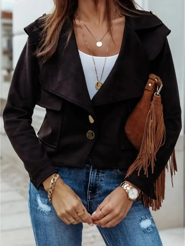 Fall Winter Long Sleeve Lapel Deerskin Button Jacket Small Jacket Black - Shop at LoveMi
