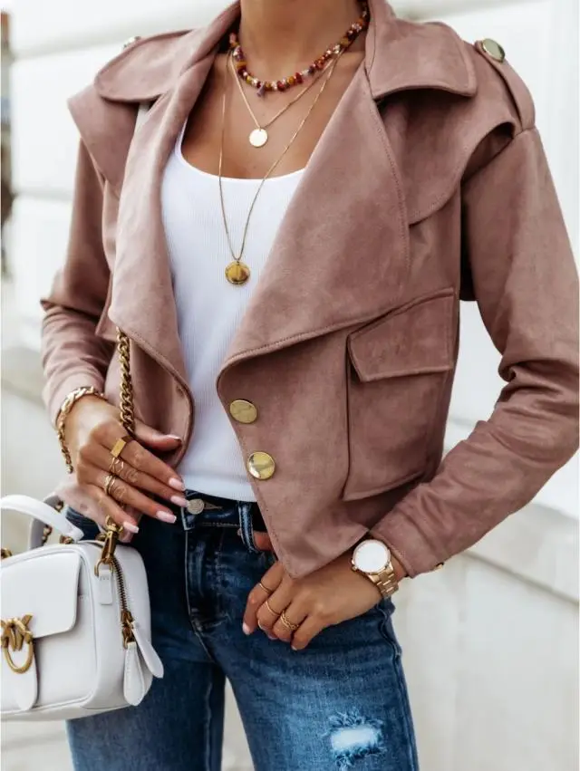 Fall Winter Long Sleeve Lapel Deerskin Button Jacket Small Jacket Dark Pink - Shop at LoveMi