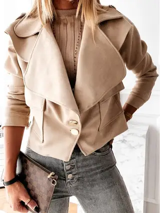 Fall Winter Long Sleeve Lapel Deerskin Button Jacket Small Jacket - Khaki