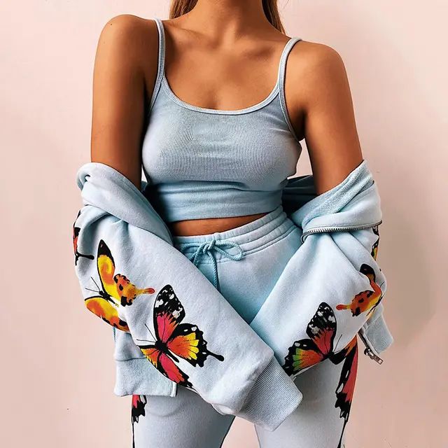 Cross Border New Hot Style European And American Butterfly Print Lng Sleeved Hooded Zipper Casual Sweater Suit Women Blue - Shop at LoveMi