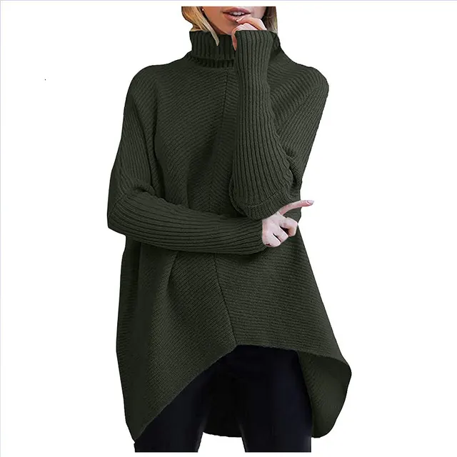 European And American Autumn And Winter Mid Length Turtleneck Sweater Bat Sleeve Loose Pullover Thick Knit Army Green - Shop at LoveMi