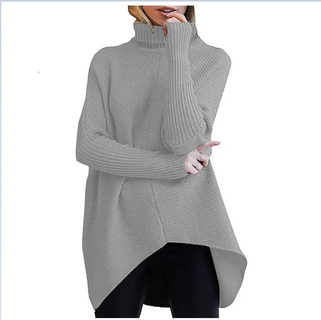 European And American Autumn And Winter Mid Length Turtleneck Sweater Bat Sleeve Loose Pullover Thick Knit Grey - Shop at LoveMi